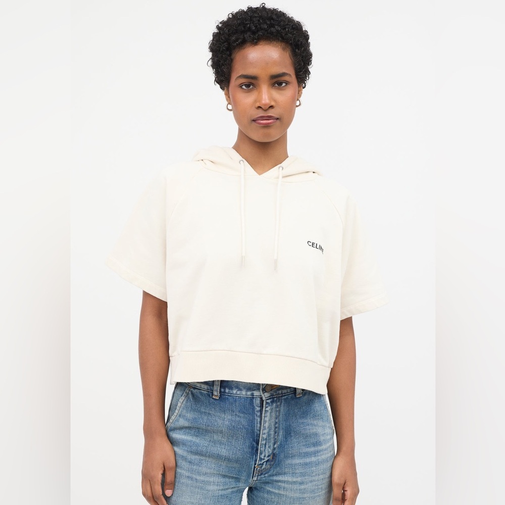 Celine Cream Off White Cropped Hoodie with Embroidered CELINE